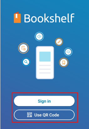 Innskráning í Bookshelf með netfangi eða QR-kóða.