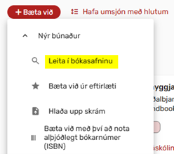 Mynd sem sýnir smell á hnappinn Bæta við og svo Leita í bókasafninu