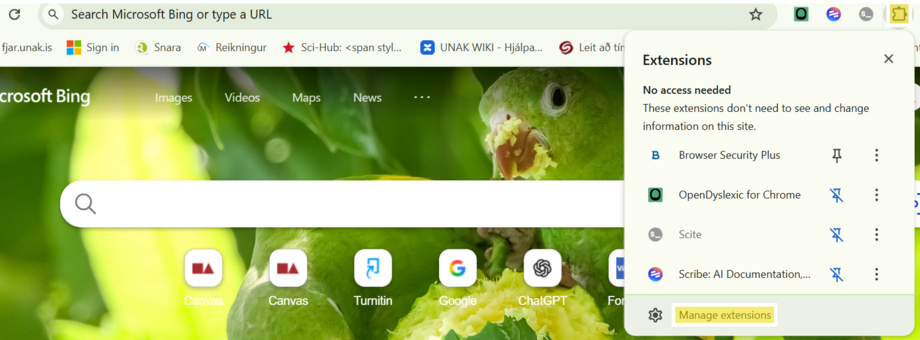 Extenxion táknið og manage extensions