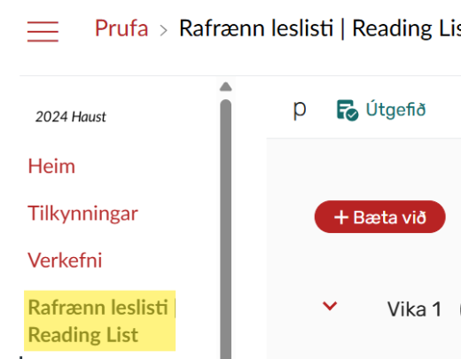 Rafrænir leslistar í valmynd Canvas