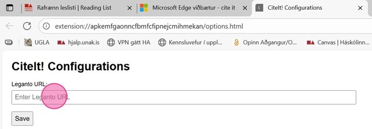 Mynd sýnir hvar eigi að líma inn urlið sem afritað var í skrefi 4