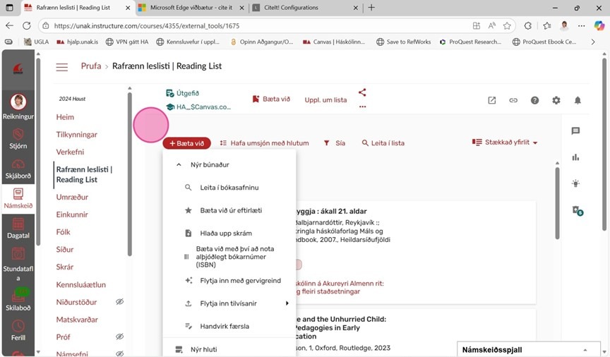Mynd sem sýnir hnappinn Bæta við inni í Canvas