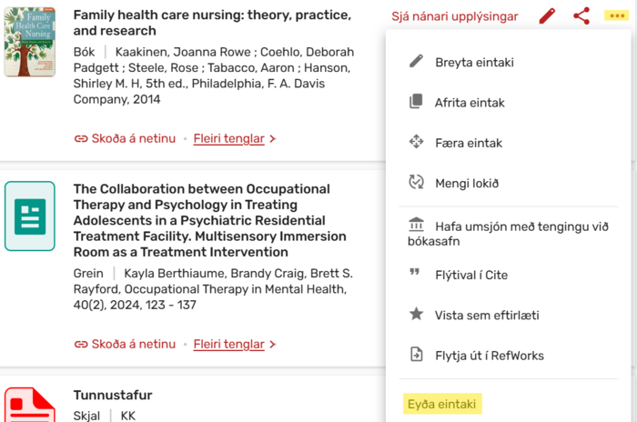 Mynd sem sýnir punktana þrjá og hvar smellt er á Eyða eintaki