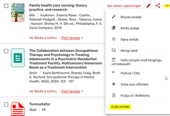 Mynd sem sýnir punktana þrjá og hvar smellt er á Eyða eintaki