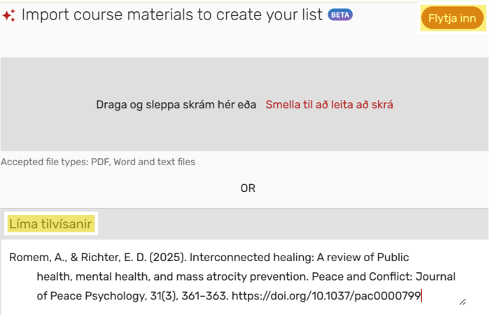 Mynd sem sýnir hvernig tilvinunin er límd inn og smellt á Flytja inn