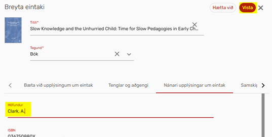 Mynd sem sýnir breytingagluggann