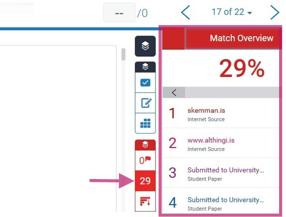 sundurliðað yfirlit yfir heimildir sem Turnitin hefur fundið samsvörun