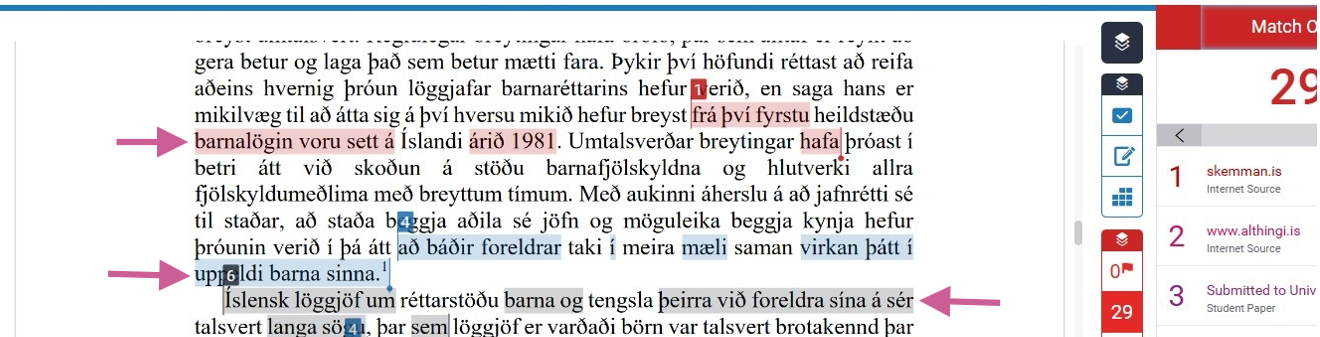 Samsvörun er auðkennd með litum í textanum